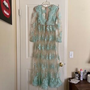 Light Blue & Nude Sheer Lace Maxi Dress w/inner